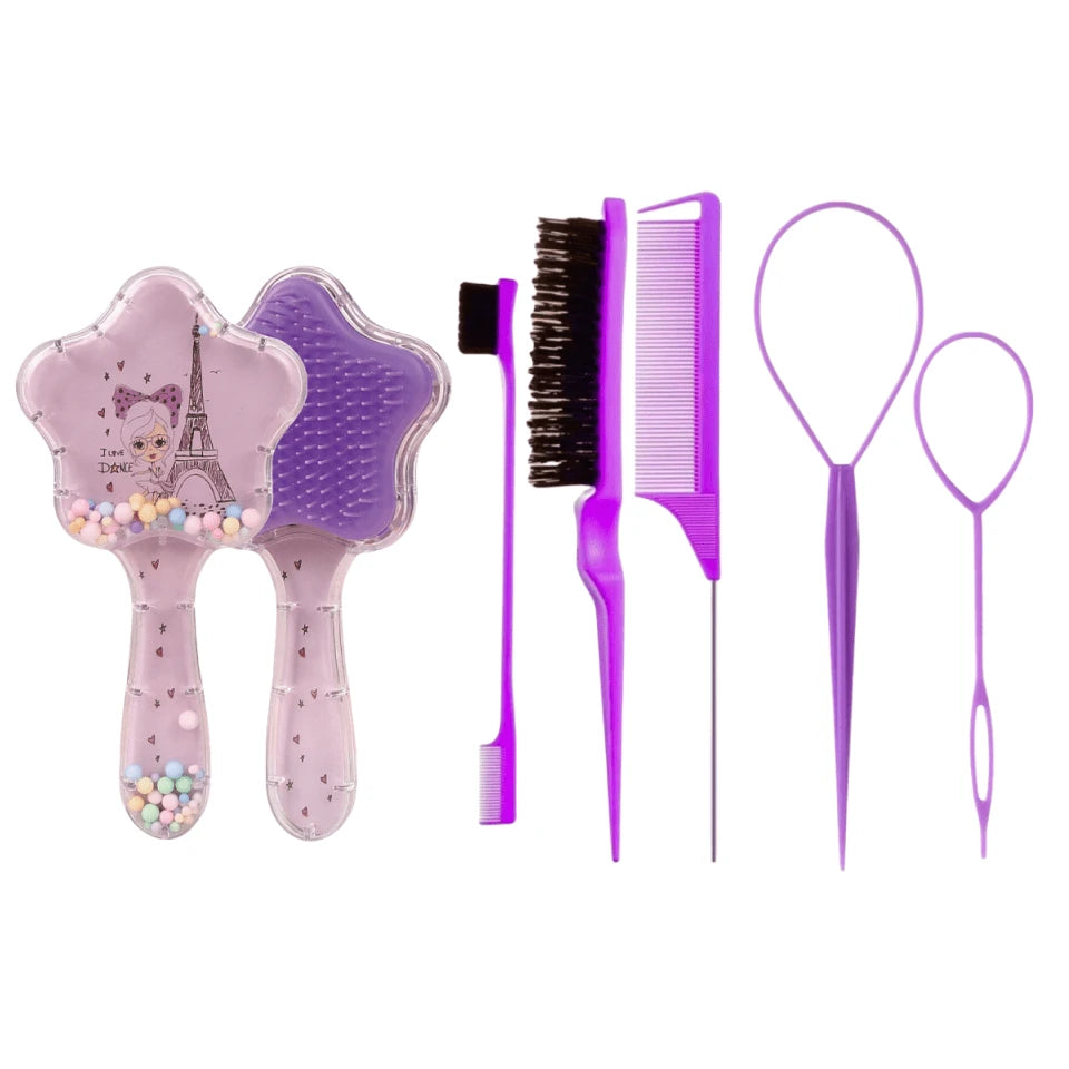 5pcs Unicorn & Star Hair Styling Tool Set, Includes Air Cushion Massage Comb, Sideburn & Eyebrow Comb, Volumizing Teasing Comb, Steel Needle Tail Comb, Large & Small Hair Pullers, Cute Girls Hair Acce