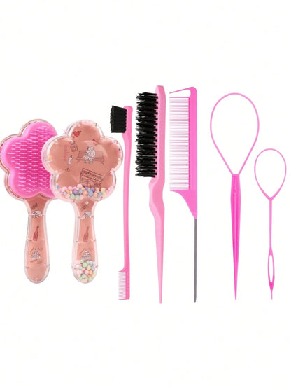5pcs Unicorn & Star Hair Styling Tool Set, Includes Air Cushion Massage Comb, Sideburn & Eyebrow Comb, Volumizing Teasing Comb, Steel Needle Tail Comb, Large & Small Hair Pullers, Cute Girls Hair Acce
