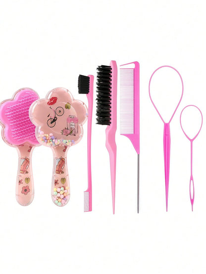 5pcs Unicorn & Star Hair Styling Tool Set, Includes Air Cushion Massage Comb, Sideburn & Eyebrow Comb, Volumizing Teasing Comb, Steel Needle Tail Comb, Large & Small Hair Pullers, Cute Girls Hair Acce