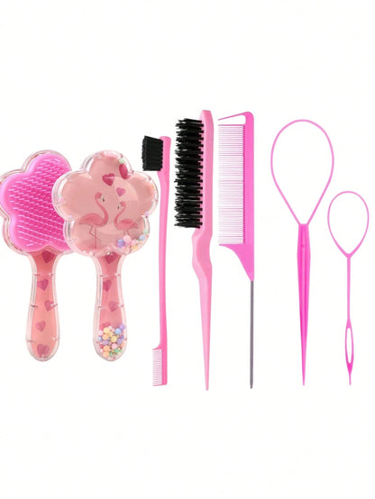 5pcs Unicorn & Star Hair Styling Tool Set, Includes Air Cushion Massage Comb, Sideburn & Eyebrow Comb, Volumizing Teasing Comb, Steel Needle Tail Comb, Large & Small Hair Pullers, Cute Girls Hair Acce