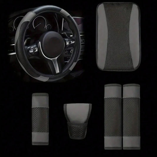 6-Piece Set, PU Leather Car Interior Package, Including Steering Wheel Cover, Shoulder Protection, Gloves, Armrest Box Pad, Suitable For Most Sedans And SUVs