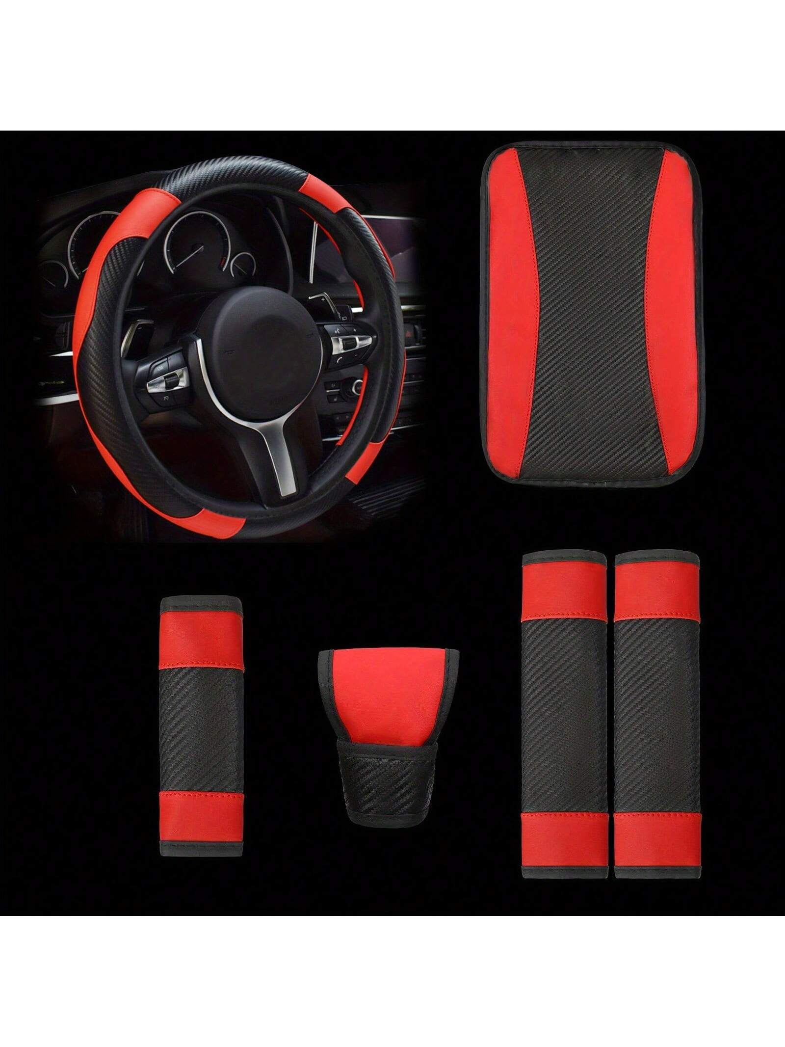 6-Piece Set, PU Leather Car Interior Package, Including Steering Wheel Cover, Shoulder Protection, Gloves, Armrest Box Pad, Suitable For Most Sedans And SUVs