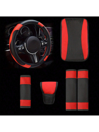 6-Piece Set, PU Leather Car Interior Package, Including Steering Wheel Cover, Shoulder Protection, Gloves, Armrest Box Pad, Suitable For Most Sedans And SUVs