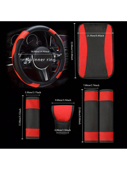 6-Piece Set, PU Leather Car Interior Package, Including Steering Wheel Cover, Shoulder Protection, Gloves, Armrest Box Pad, Suitable For Most Sedans And SUVs