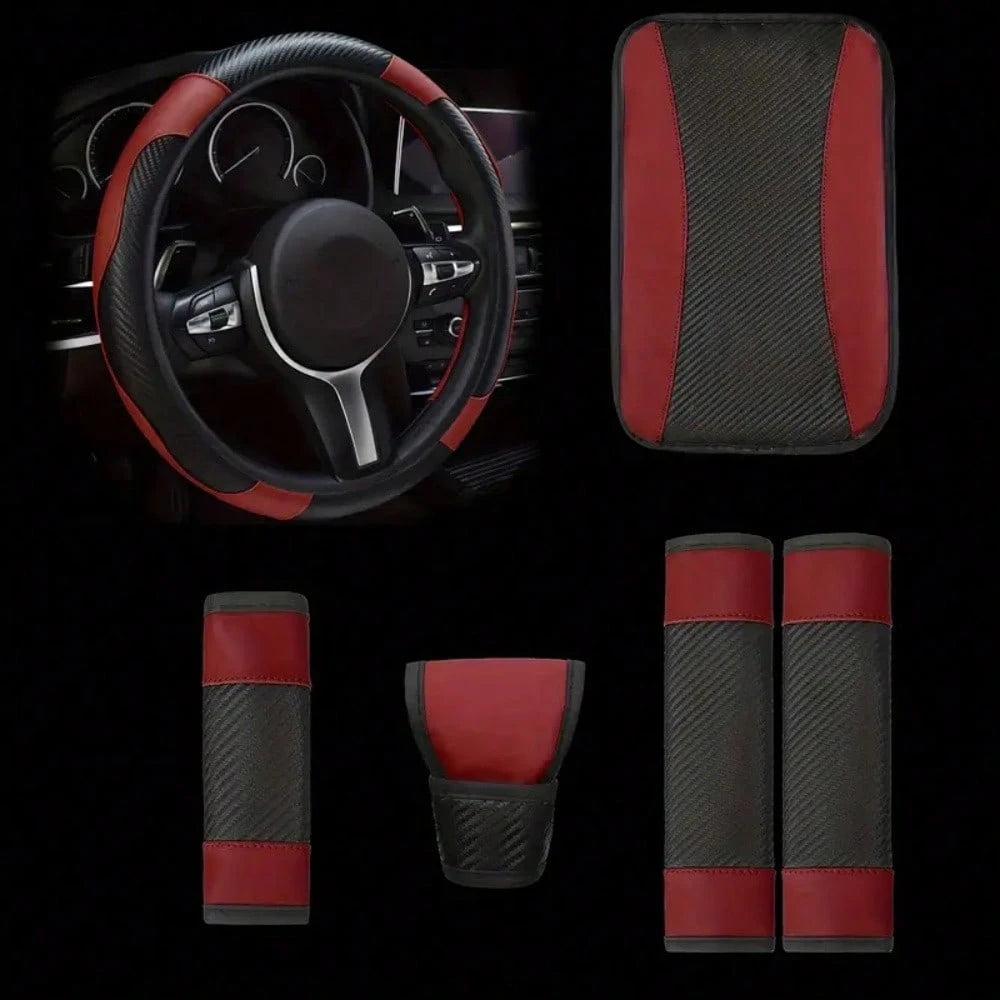 6-Piece Set, PU Leather Car Interior Package, Including Steering Wheel Cover, Shoulder Protection, Gloves, Armrest Box Pad, Suitable For Most Sedans And SUVs