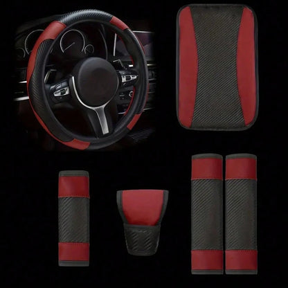 6-Piece Set, PU Leather Car Interior Package, Including Steering Wheel Cover, Shoulder Protection, Gloves, Armrest Box Pad, Suitable For Most Sedans And SUVs