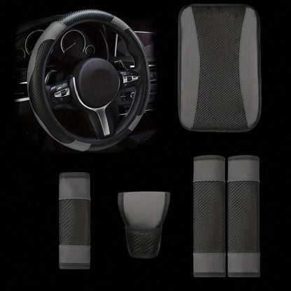 6-Piece Set, PU Leather Car Interior Package, Including Steering Wheel Cover, Shoulder Protection, Gloves, Armrest Box Pad, Suitable For Most Sedans And SUVs