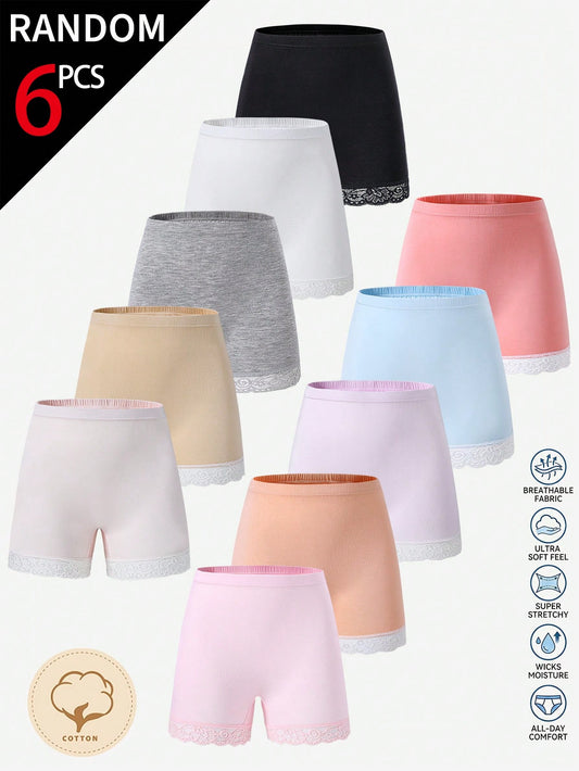 [6 Random Piece] Girls Lace Patchwork Solid Color Comfortable Boxer Briefs, 6pcs Random Assorted Saf