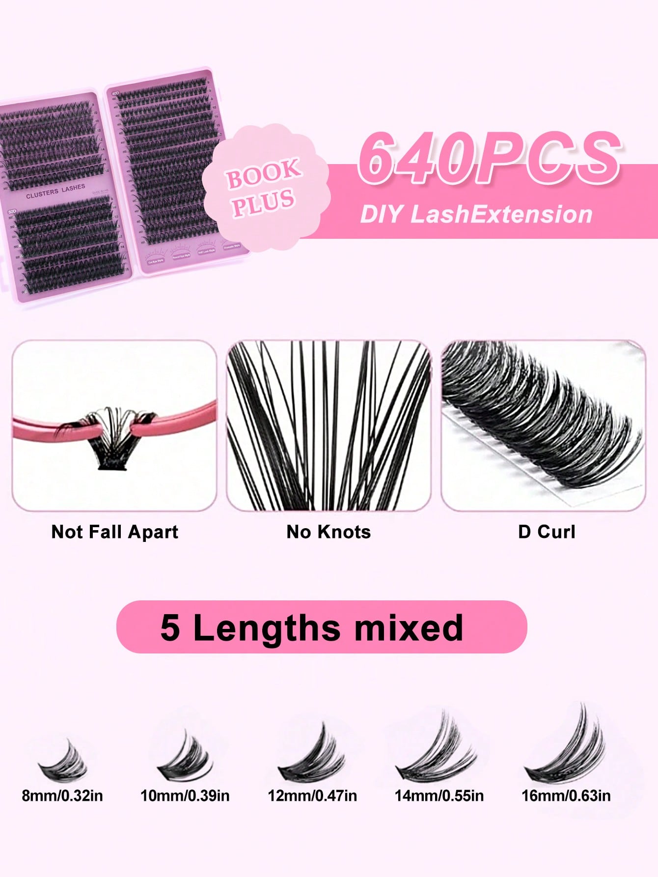640 Clusters DIY Faux Mink Eyelash Clusters, D Curl, Dense & Fluffy, 8-16mm Mixed Length, Eye-Catching Effect, Suitable For Various Makeup Looks. Glue, Remover, Tweezers Can Be Selected Based On Needs