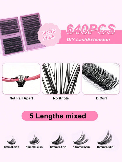 640 Clusters DIY Faux Mink Eyelash Clusters, D Curl, Dense & Fluffy, 8-16mm Mixed Length, Eye-Catching Effect, Suitable For Various Makeup Looks. Glue, Remover, Tweezers Can Be Selected Based On Needs