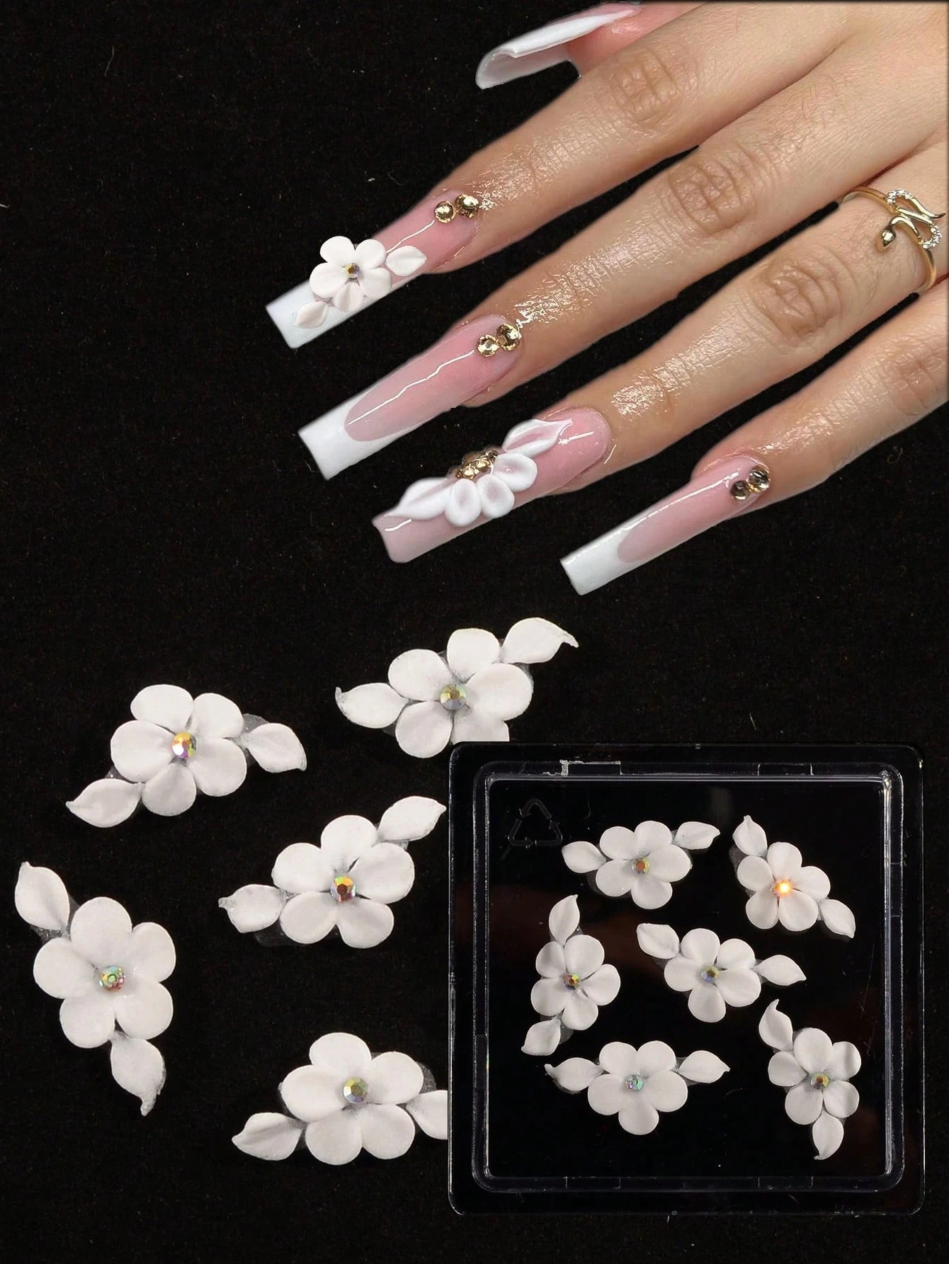 6Pcs 3D Handmade Acrylic Flower Nail Charms Luxury White Flower Rhinestones Nail Art Charms Hand Carve By Manicurist Acrylic Flower Decals Ins Nail Supplies For Girl Women Spring Summer Diy Nail Craft