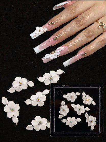 6Pcs 3D Handmade Acrylic Flower Nail Charms Luxury White Flower Rhinestones Nail Art Charms Hand Carve By Manicurist Acrylic Flower Decals Ins Nail Supplies For Girl Women Spring Summer Diy Nail Craft