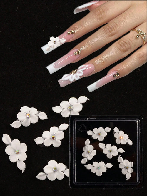 6Pcs 3D Handmade Acrylic Flower Nail Charms Luxury White Flower Rhinestones Nail Art Charms Hand Carve By Manicurist Acrylic Flower Decals Ins Nail Supplies For Girl Women Spring Summer Diy Nail Craft