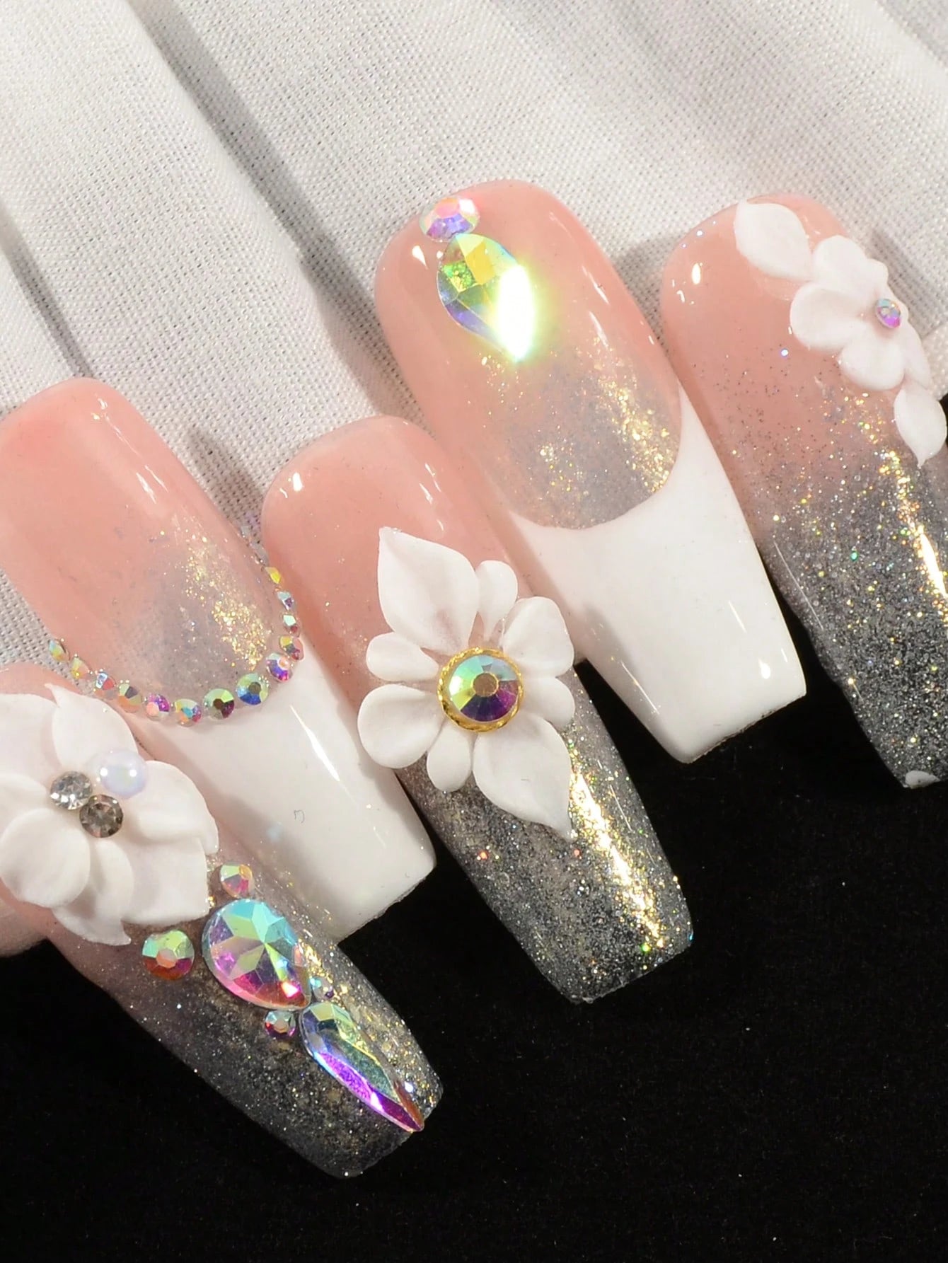 6Pcs 3D Handmade Acrylic Flower Nail Charms Luxury White Flower Rhinestones Nail Art Charms Hand Carve By Manicurist Acrylic Flower Decals Ins Nail Supplies For Girl Women Spring Summer Diy Nail Craft