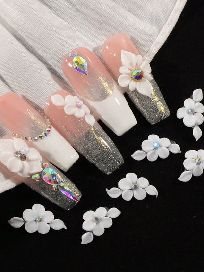 6Pcs 3D Handmade Acrylic Flower Nail Charms Luxury White Flower Rhinestones Nail Art Charms Hand Carve By Manicurist Acrylic Flower Decals Ins Nail Supplies For Girl Women Spring Summer Diy Nail Craft