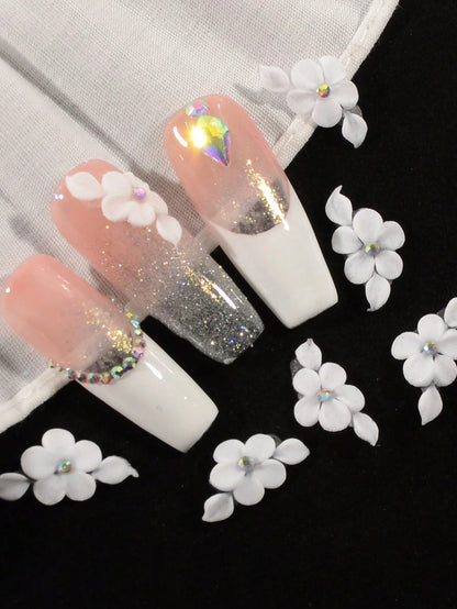 6Pcs 3D Handmade Acrylic Flower Nail Charms Luxury White Flower Rhinestones Nail Art Charms Hand Carve By Manicurist Acrylic Flower Decals Ins Nail Supplies For Girl Women Spring Summer Diy Nail Craft
