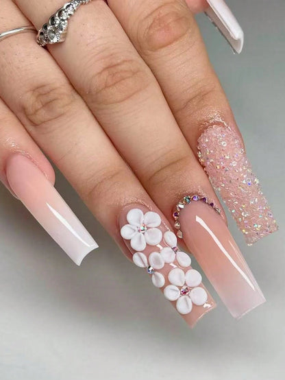 6Pcs 3D Handmade Acrylic Flower Nail Charms Luxury White Flower Rhinestones Nail Art Charms Hand Carve By Manicurist Acrylic Flower Decals Ins Nail Supplies For Girl Women Spring Summer Diy Nail Craft