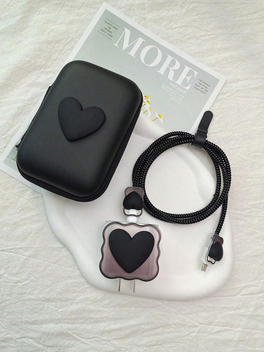6pcs Heart-Shaped Charger Protector Set, Suitable For IPhone 18W/20W Charger, Includes Protector Case + Data Cable Protector Cord + Storage Bag, Anti-Breakage Girly Charger Head Protector