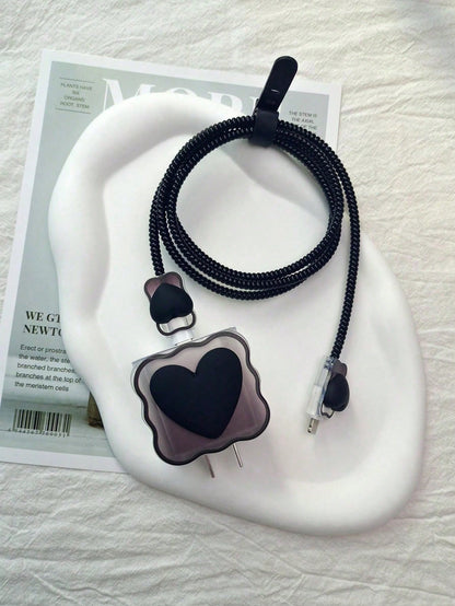 6pcs Heart-Shaped Charger Protector Set, Suitable For IPhone 18W/20W Charger, Includes Protector Case + Data Cable Protector Cord + Storage Bag, Anti-Breakage Girly Charger Head Protector