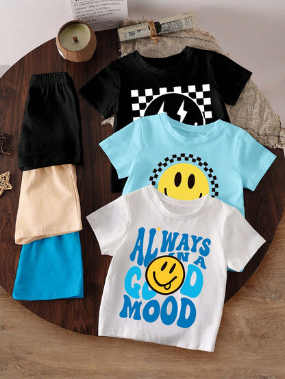6pcs Set Comfortable Baby & Toddler Casual Fashion Sports Style Classic 3 Sets Contrast Color Face Crew Neck T-Shirts And Letter Print