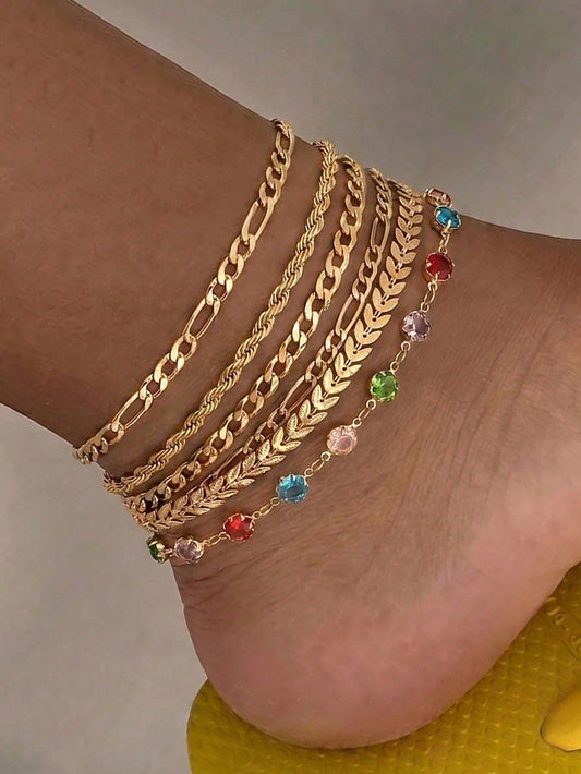 6pcs/Set Gold Multi-Layer Chain Unique Design With Crystal Elements Women's Anklet Set, Beach Street Style, Suitable For Women's Daily Commute, Party, Date, Shopping, Small Gift For Female Friends, Su