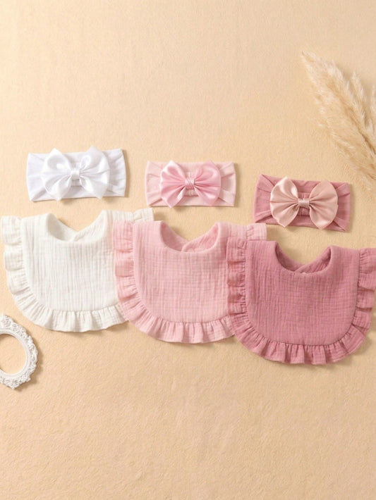 6PCS Summer Candy Color Cute Bowknot Decorated Baby Headbands, Soft Skin-Friendly Princess Infant Bibs Drool Cloths, Suitable For Daily Use And Mealtime