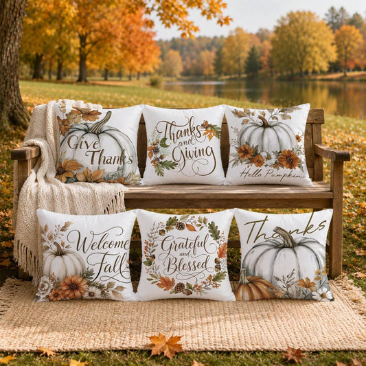 6pcs Watercolor White Pumpkin Light Brown Autumn Harvest Floral Print Pillow Covers [Without Pillow Insert], 40*40cm/45*45cm/50*50cm, [Single-Sided Printing] Made Of Polyester Material Watercolor Larg