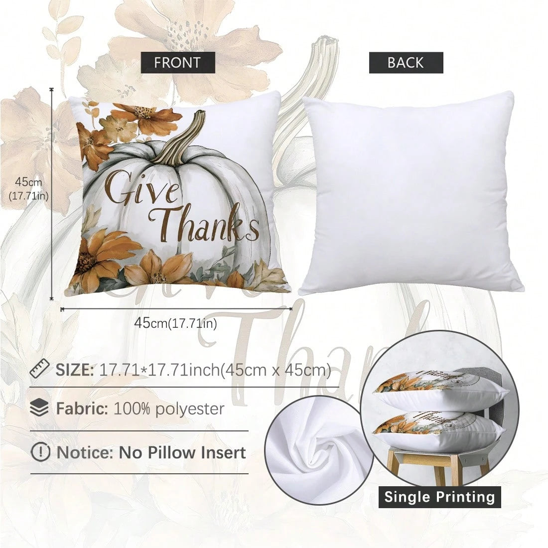 6pcs Watercolor White Pumpkin Light Brown Autumn Harvest Floral Print Pillow Covers [Without Pillow Insert], 40*40cm/45*45cm/50*50cm, [Single-Sided Printing] Made Of Polyester Material Watercolor Larg