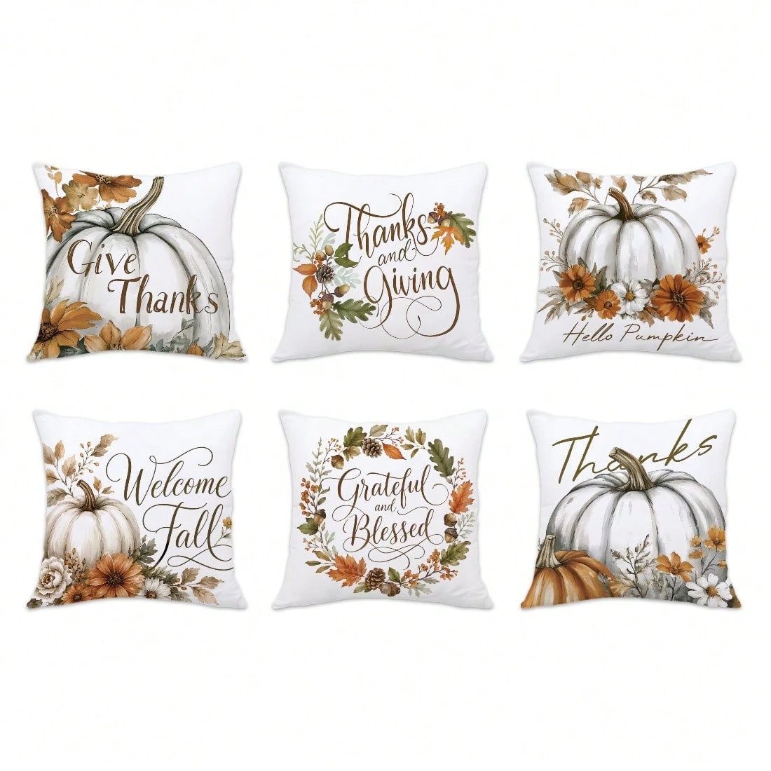 6pcs Watercolor White Pumpkin Light Brown Autumn Harvest Floral Print Pillow Covers [Without Pillow Insert], 40*40cm/45*45cm/50*50cm, [Single-Sided Printing] Made Of Polyester Material Watercolor Larg