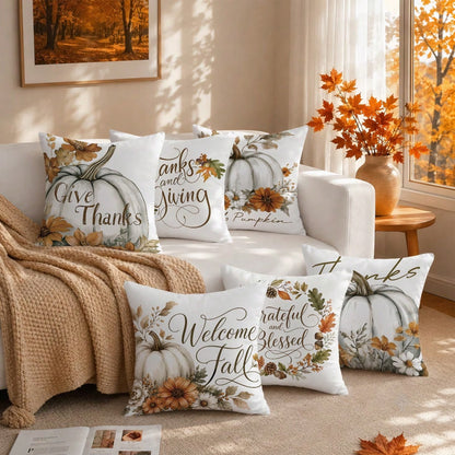 6pcs Watercolor White Pumpkin Light Brown Autumn Harvest Floral Print Pillow Covers [Without Pillow Insert], 40*40cm/45*45cm/50*50cm, [Single-Sided Printing] Made Of Polyester Material Watercolor Larg