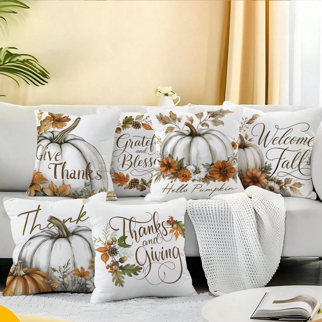 6pcs Watercolor White Pumpkin Light Brown Autumn Harvest Floral Print Pillow Covers [Without Pillow Insert], 40*40cm/45*45cm/50*50cm, [Single-Sided Printing] Made Of Polyester Material Watercolor Larg