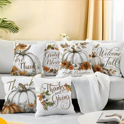 6pcs Watercolor White Pumpkin Light Brown Autumn Harvest Floral Print Pillow Covers [Without Pillow Insert], 40*40cm/45*45cm/50*50cm, [Single-Sided Printing] Made Of Polyester Material Watercolor Larg