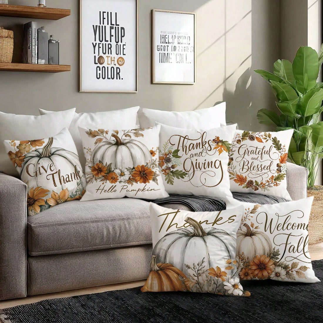 6pcs Watercolor White Pumpkin Light Brown Autumn Harvest Floral Print Pillow Covers [Without Pillow Insert], 40*40cm/45*45cm/50*50cm, [Single-Sided Printing] Made Of Polyester Material Watercolor Larg