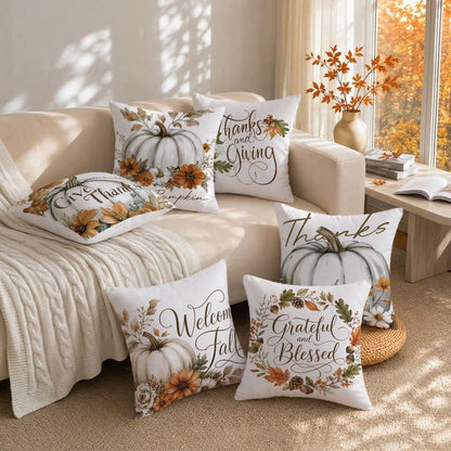 6pcs Watercolor White Pumpkin Light Brown Autumn Harvest Floral Print Pillow Covers [Without Pillow Insert], 40*40cm/45*45cm/50*50cm, [Single-Sided Printing] Made Of Polyester Material Watercolor Larg