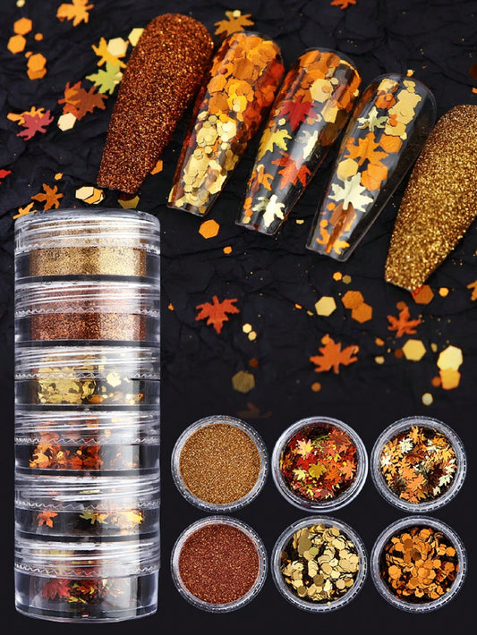 6pcs Y2K Aesthetic Metallic Color Nail Glitter, Autumn Maple Leaf Nail Sequins Decorations Nails