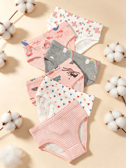 6pcs Young Girls Cute Underwear: With Unicorn, Fox, Balloon, Castle And Other Colorful Patterns