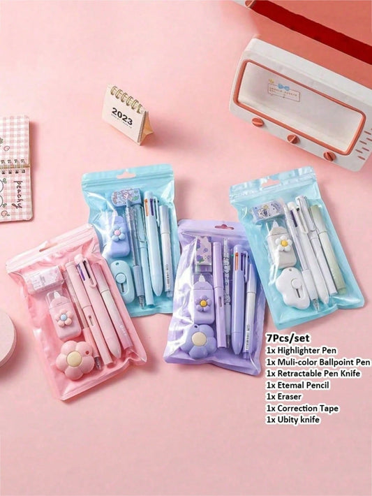 7/8pcs Cartoon Stationery Set: Exquisite Pencils, Erasers, Correction Tape, Ballpoint Pens, Suitable For Back To School Season