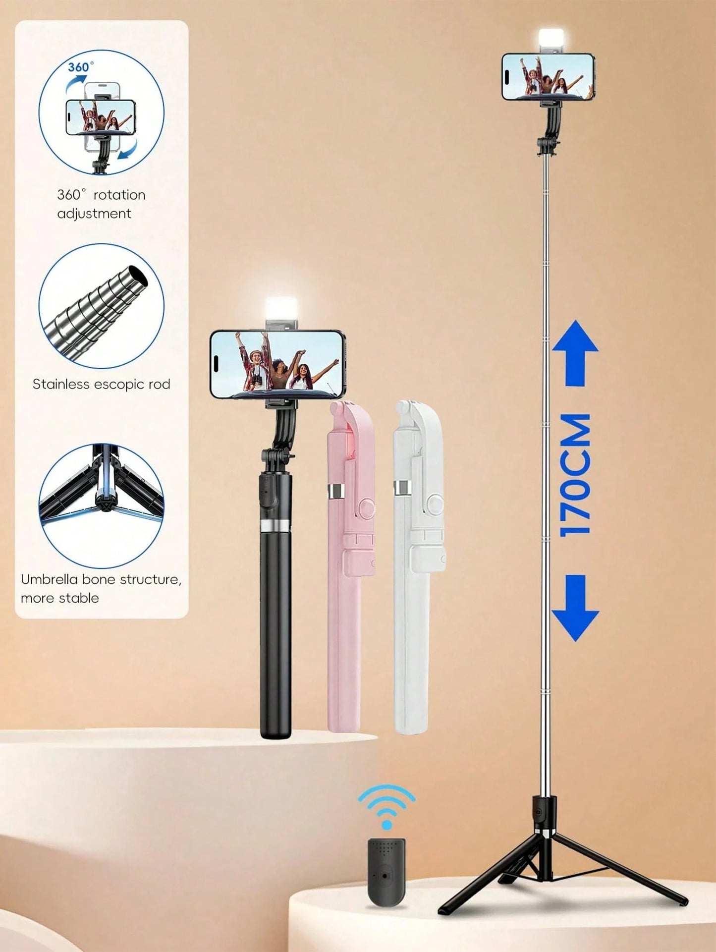 70'' Extendable Selfie Stick Tripod With Wireless Remote & Light – Portable Phone Stand For Smartphones And Cell Phones