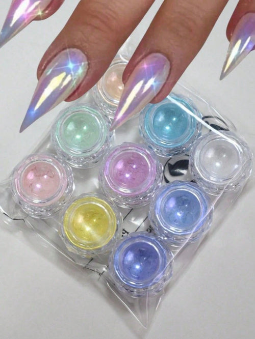 9 Colors Mermaid Powder, 9pcs Round Holographic Mermaid Powder- Odorless, High Gloss Pearl Shell Holographic Glitter Effect, For Nail Art Decoration