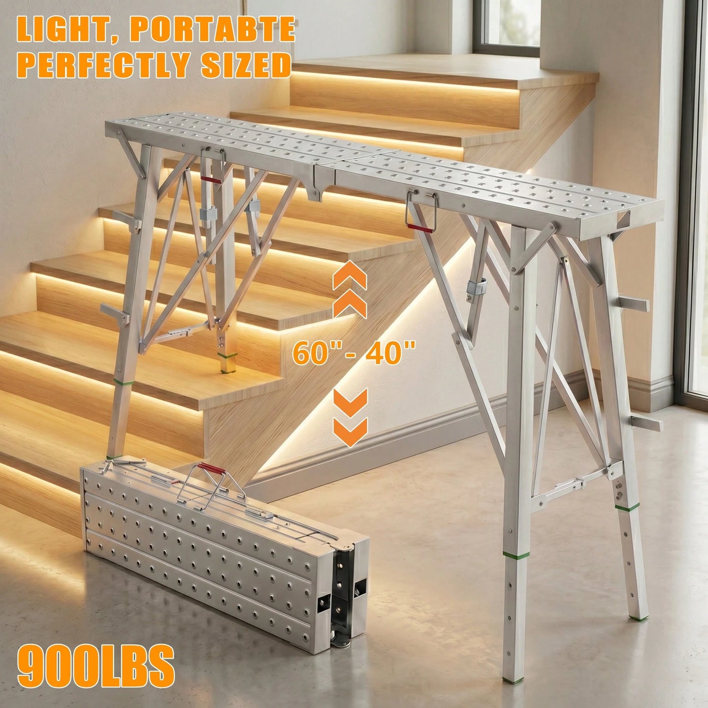 900lbs Independently Height-Adjustable Foldable Work Platform Portable Scaffolding. High Strength With A 900lb Load Capacity. Suitable For Various Complex Sites, Including Renovation, DIY Projects, RV