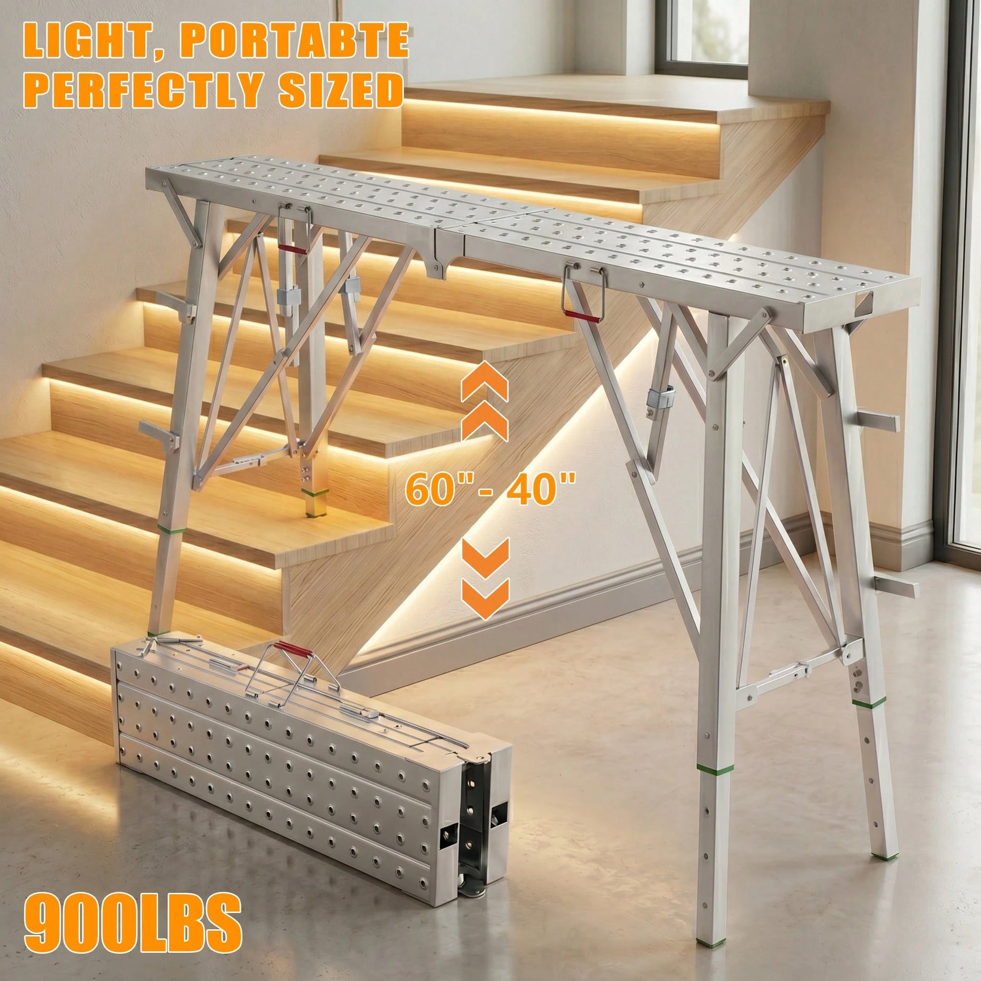 900lbs Independently Height-Adjustable Foldable Work Platform Portable Scaffolding. High Strength With A 900lb Load Capacity. Suitable For Various Complex Sites, Including Renovation, DIY Projects, RV