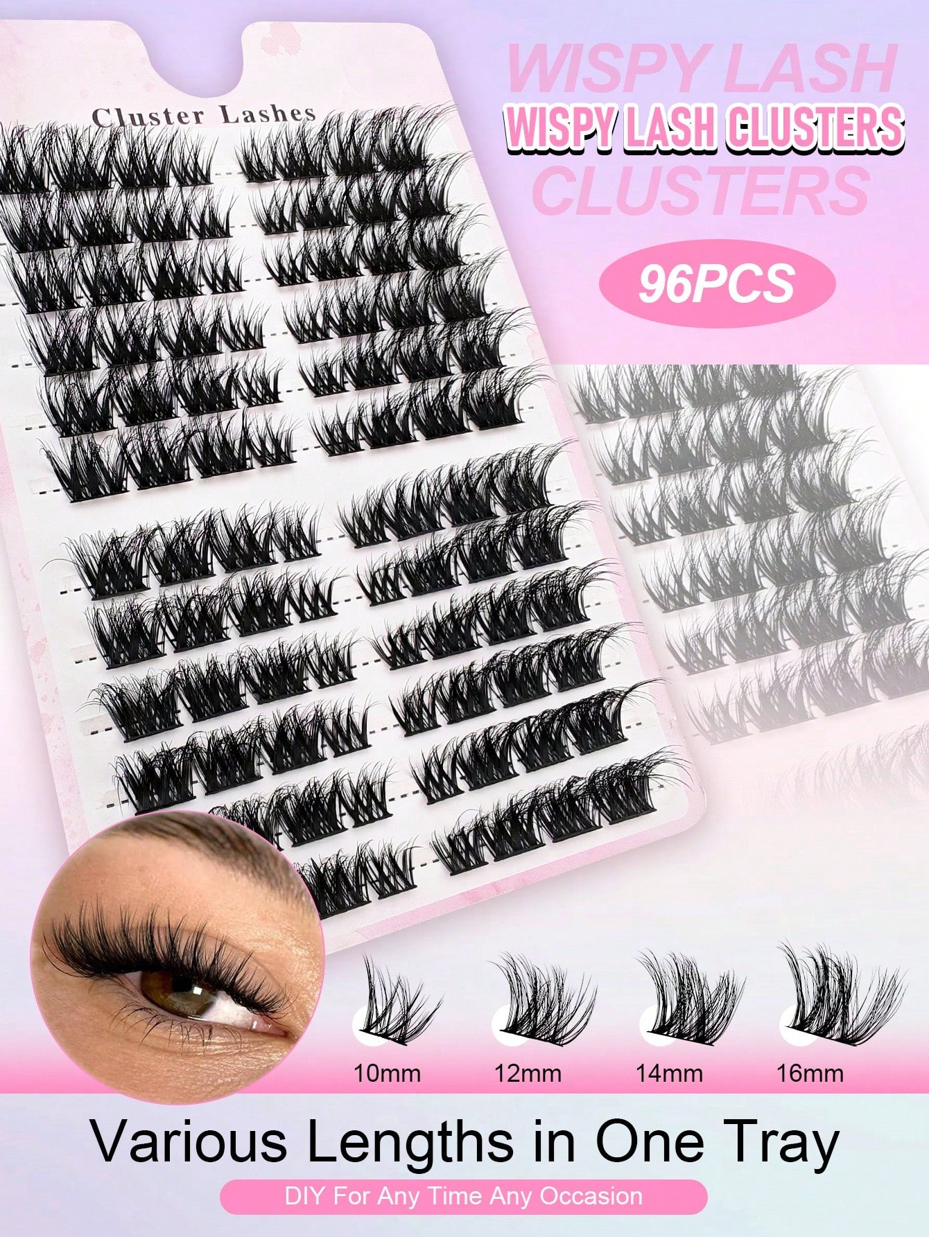 96pcs C-Curl Voluminous Eyelash Clusters, DIY Eyelash Extensions, Voluminous Cat Eye Eyelash Clusters, Long Eyelash Clusters, Length 10-16mm, Eyelash Clusters, Single Eyelashes