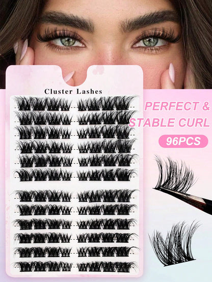 96pcs C-Curl Voluminous Eyelash Clusters, DIY Eyelash Extensions, Voluminous Cat Eye Eyelash Clusters, Long Eyelash Clusters, Length 10-16mm, Eyelash Clusters, Single Eyelashes
