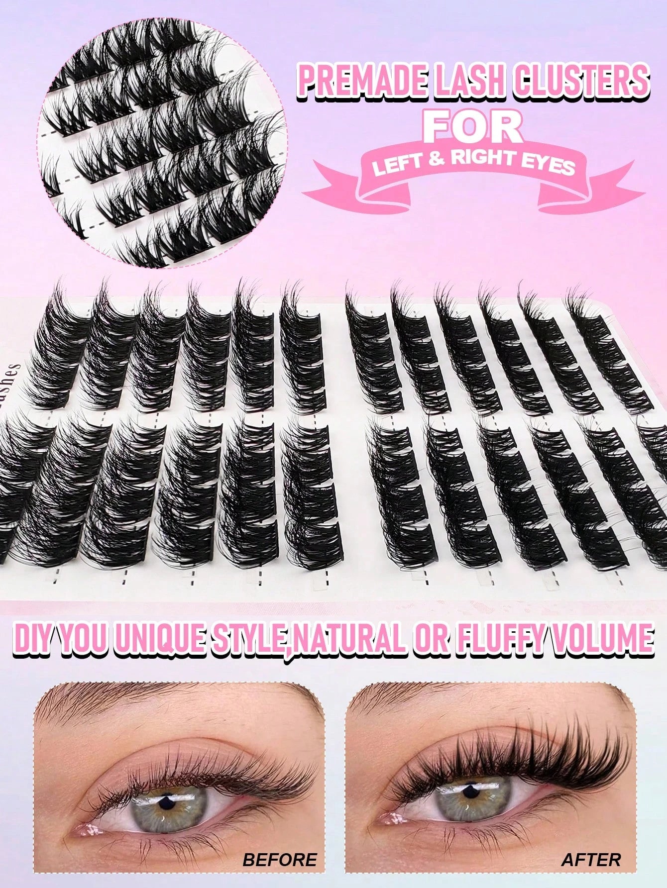 96pcs C-Curl Voluminous Eyelash Clusters, DIY Eyelash Extensions, Voluminous Cat Eye Eyelash Clusters, Long Eyelash Clusters, Length 10-16mm, Eyelash Clusters, Single Eyelashes