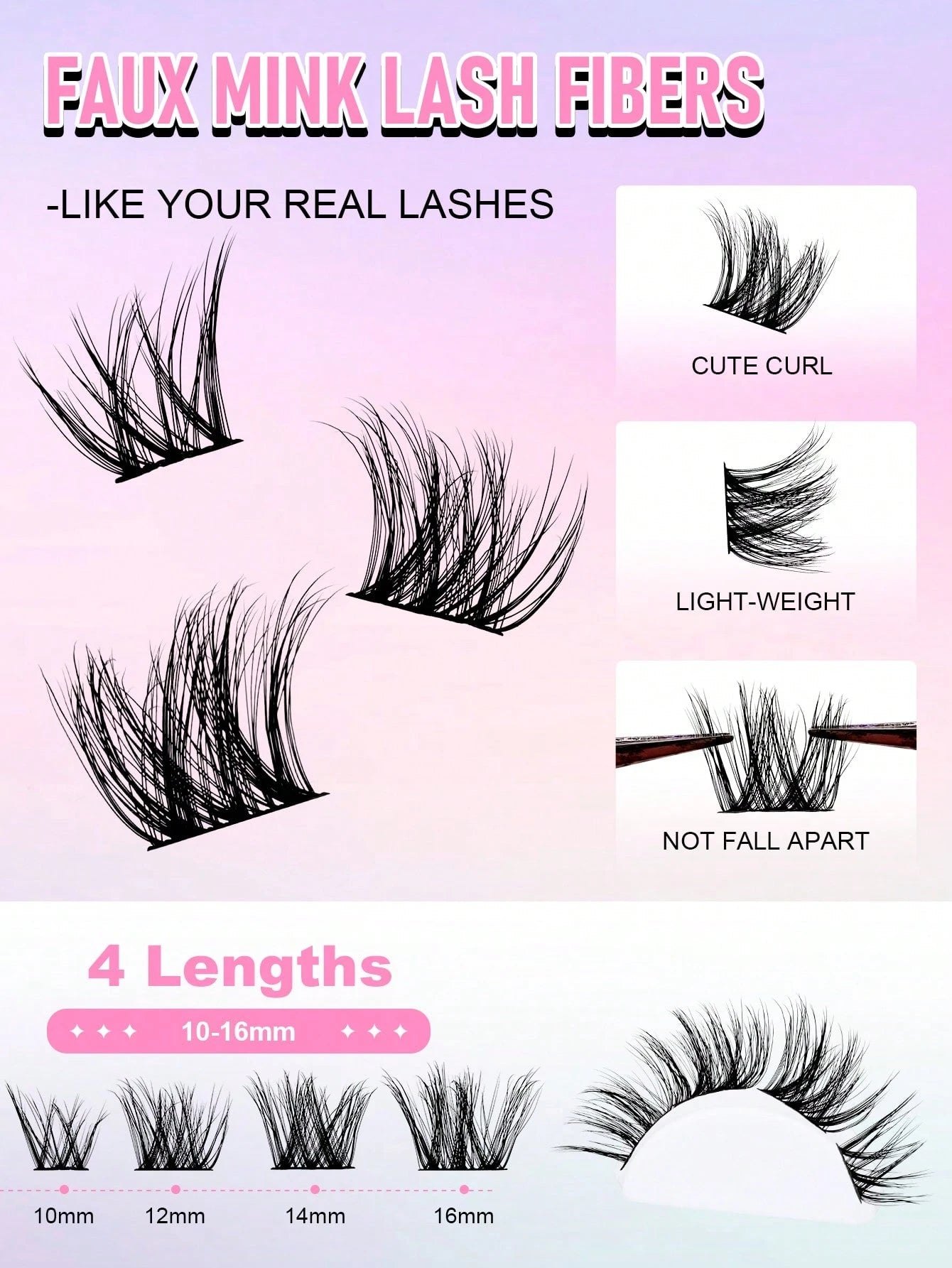 96pcs C-Curl Voluminous Eyelash Clusters, DIY Eyelash Extensions, Voluminous Cat Eye Eyelash Clusters, Long Eyelash Clusters, Length 10-16mm, Eyelash Clusters, Single Eyelashes