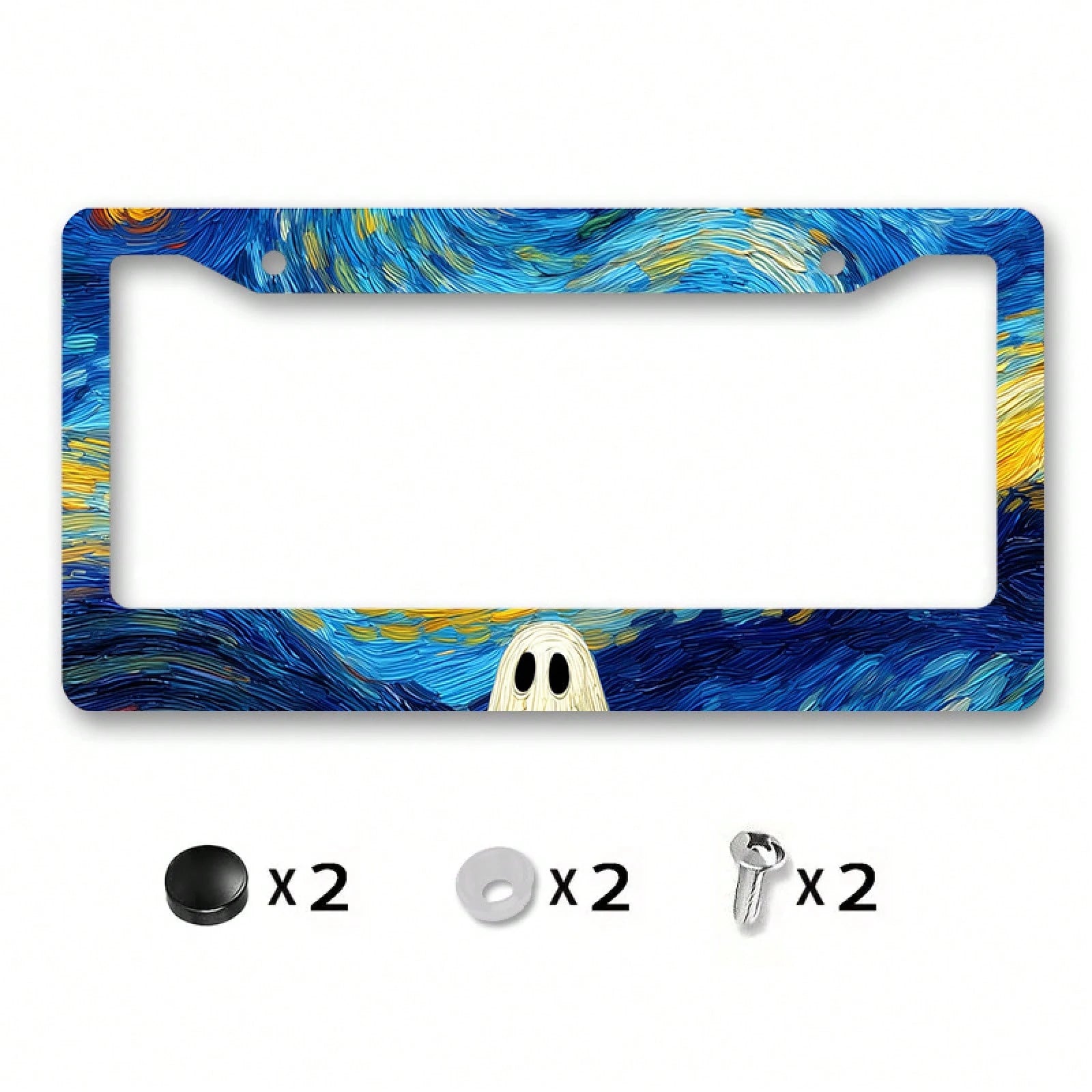 A Metal Frame License Plate, Inspired By Van Gogh's "The Starry Night," With A Ghost Design, Perfect For Halloween Car Decoration
