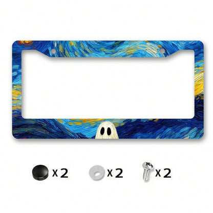 A Metal Frame License Plate, Inspired By Van Gogh's "The Starry Night," With A Ghost Design, Perfect For Halloween Car Decoration