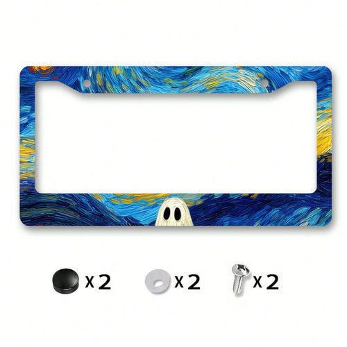 A Metal Frame License Plate, Inspired By Van Gogh's "The Starry Night," With A Ghost Design, Perfect For Halloween Car Decoration