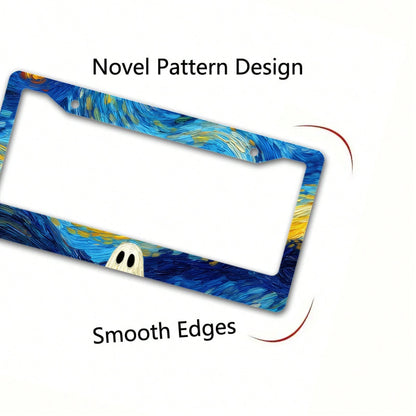 A Metal Frame License Plate, Inspired By Van Gogh's "The Starry Night," With A Ghost Design, Perfect For Halloween Car Decoration