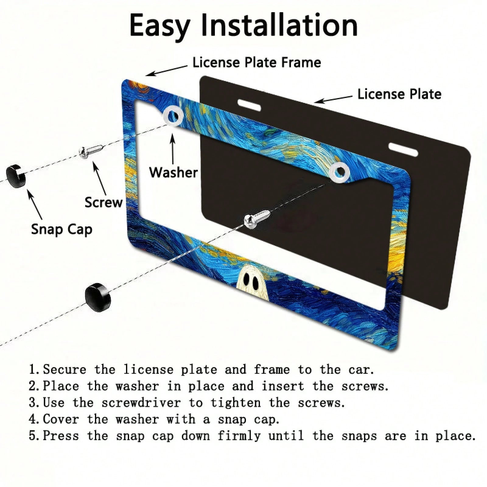 A Metal Frame License Plate, Inspired By Van Gogh's "The Starry Night," With A Ghost Design, Perfect For Halloween Car Decoration